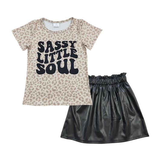 GSD0413 Sassy little soul leopard top black leather skirt girls clothes set