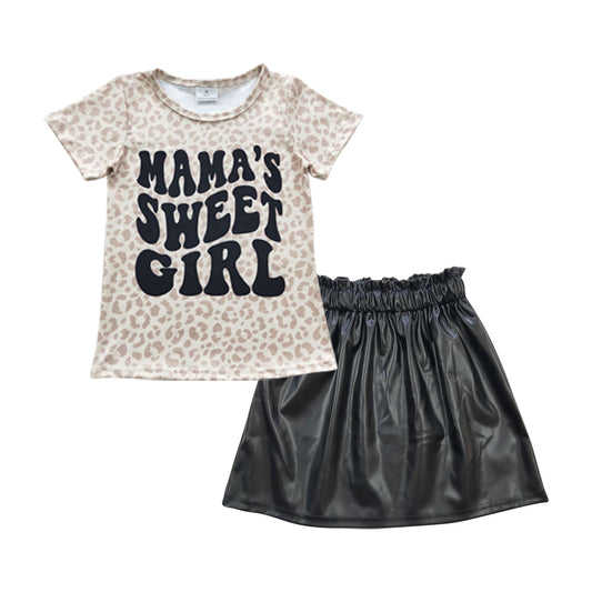 GSD0414 Mama's sweet girl leopard top black leather skirt girls clothes set