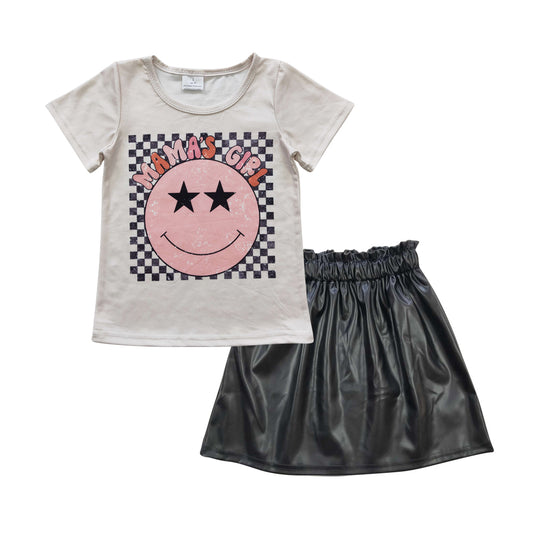 GSD0415 Mama's girl smiling top black leather skirt girls clothes set