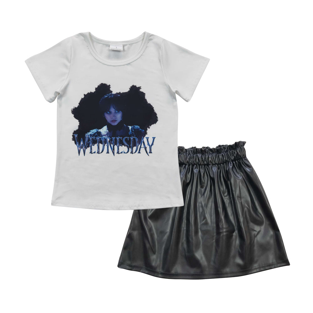 GSD0416 Wednesday movie top black leather skirt girls clothes set