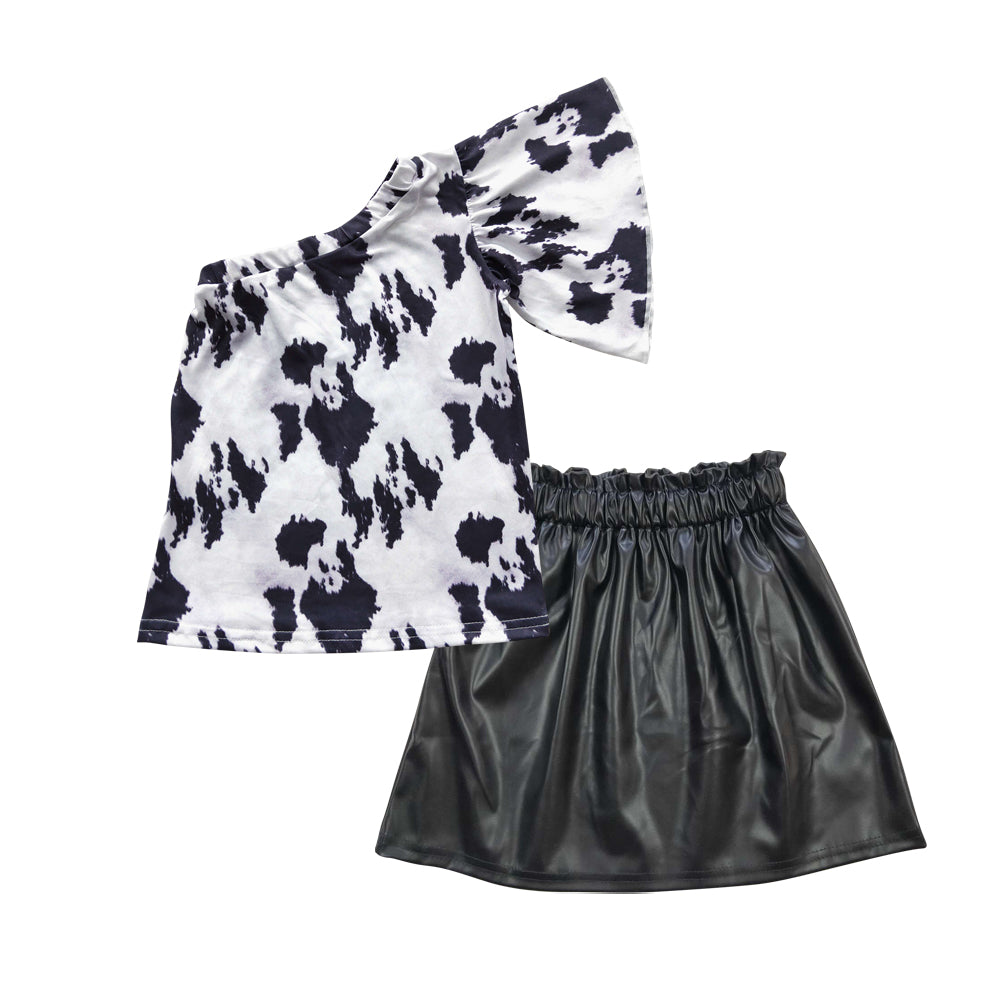 GSD0418 Girls one-shoulder black cow print top leather skirt western clothes set