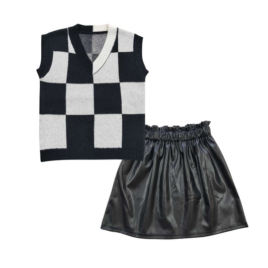 GSD0419 Black white gingham vest Wednesday design kids fall sweater top leather skirt outfits
