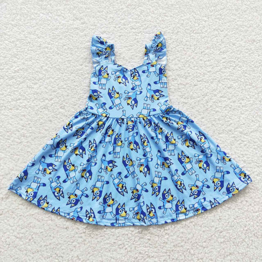 GSD0421 Flutter sleeves blue cartoon dog summer dress