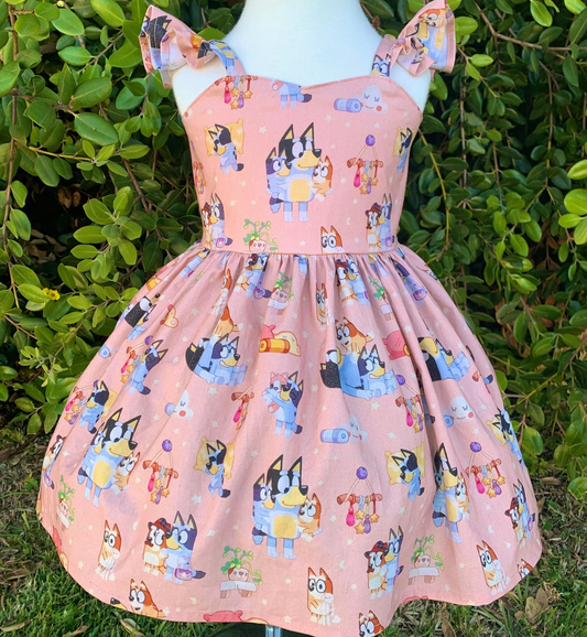 GSD0422 Flutter sleeves pink cartoon dog summer dress