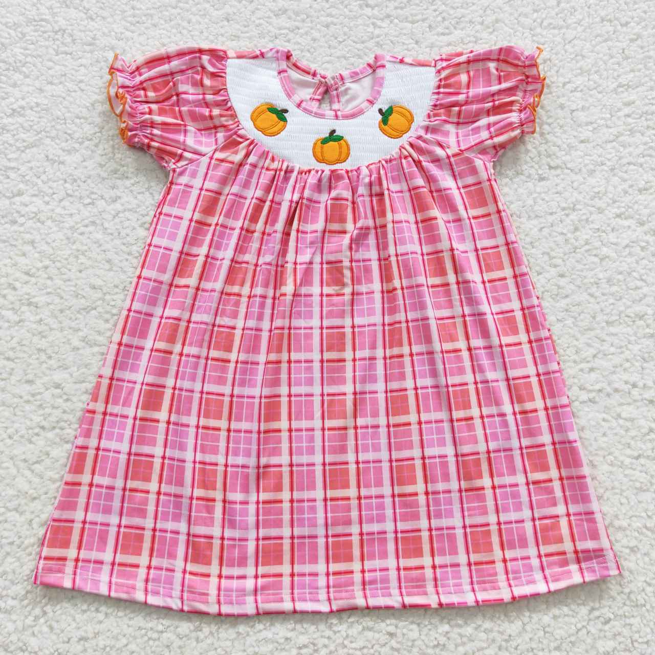 GSD0423  Girls pink plaid pumpkin smocked dress
