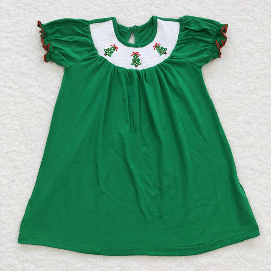 GSD0432 Green smocked Christmas tree print girls knee length cotton dress