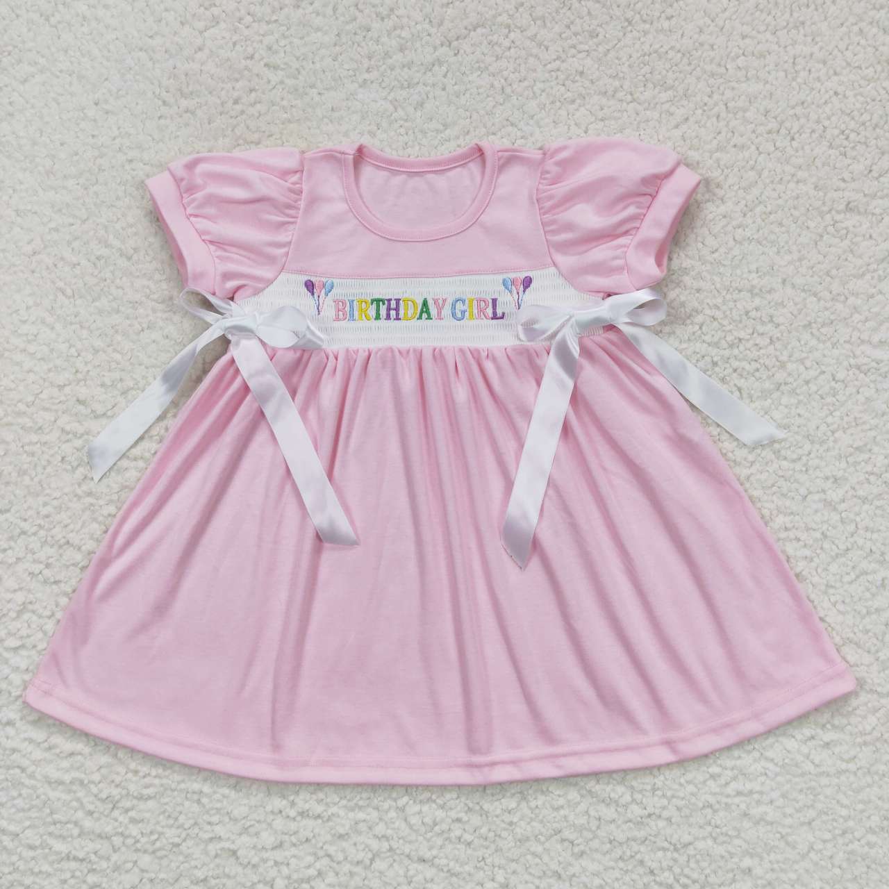 GSD0433 Birthday girl embroidery pink smocked bows knee length dress