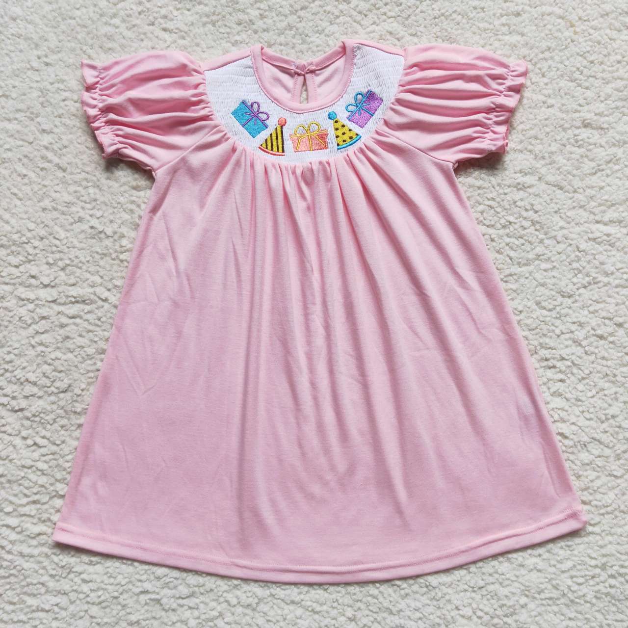 GSD0435  Girls pink birthday wear smocked embroidery cotton dress