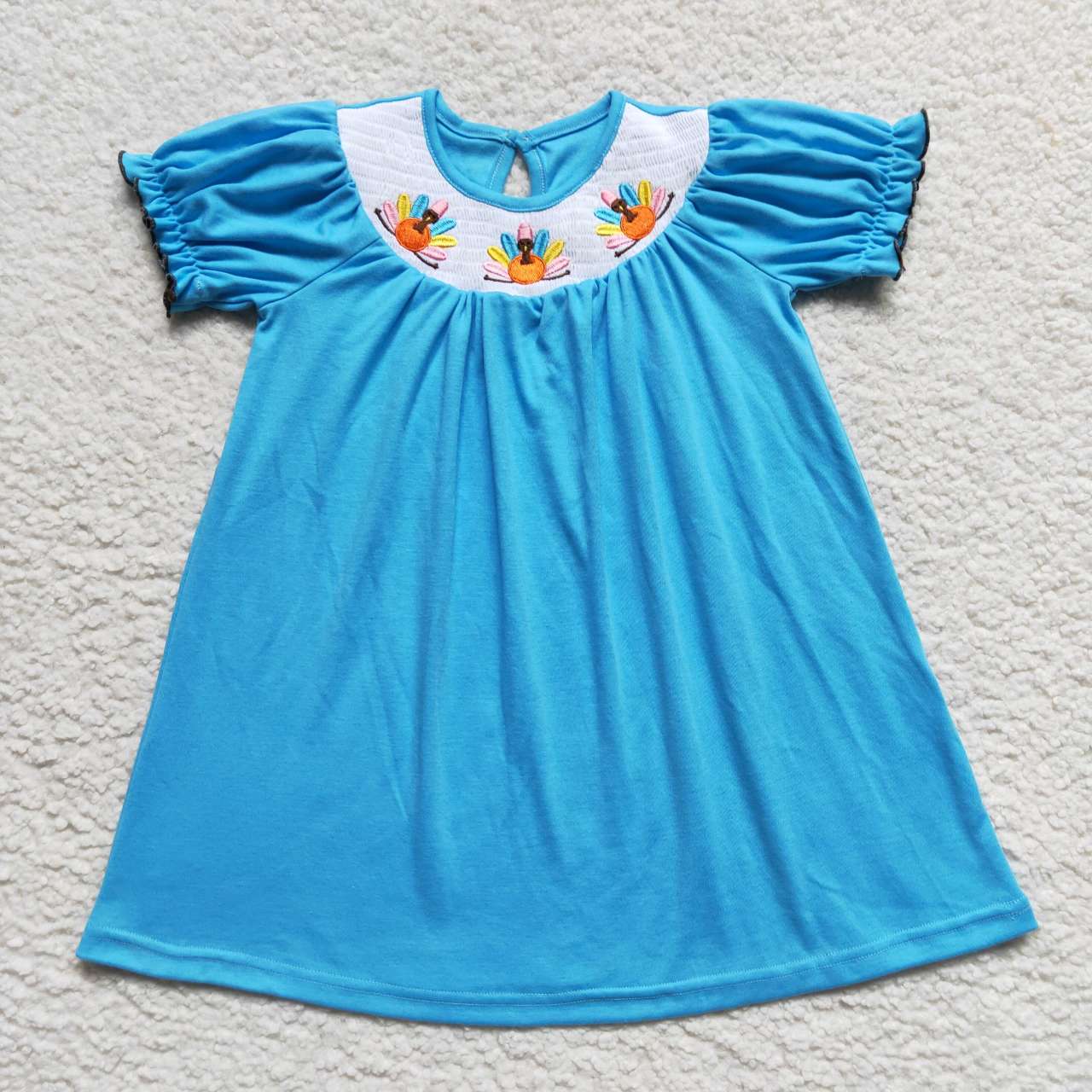 GSD0436  Girls blue turkey embroidery smocked cotton dress