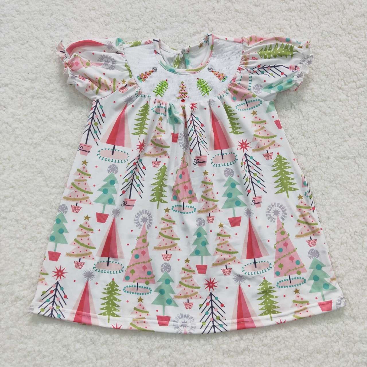 GSD0440 Girls Christmas tree smocked knee length dress