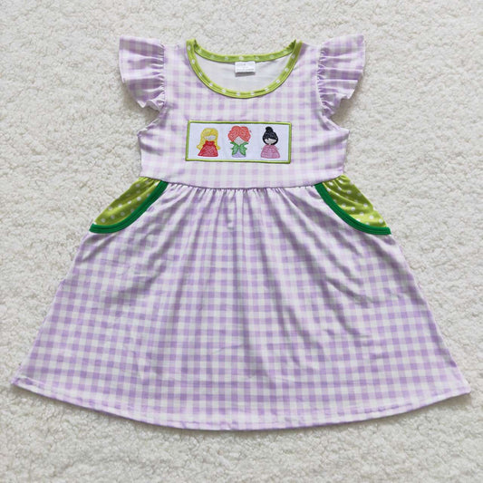 GSD0451 Flutter sleeves purple plaid witch embroidery  Halloween knee length dress