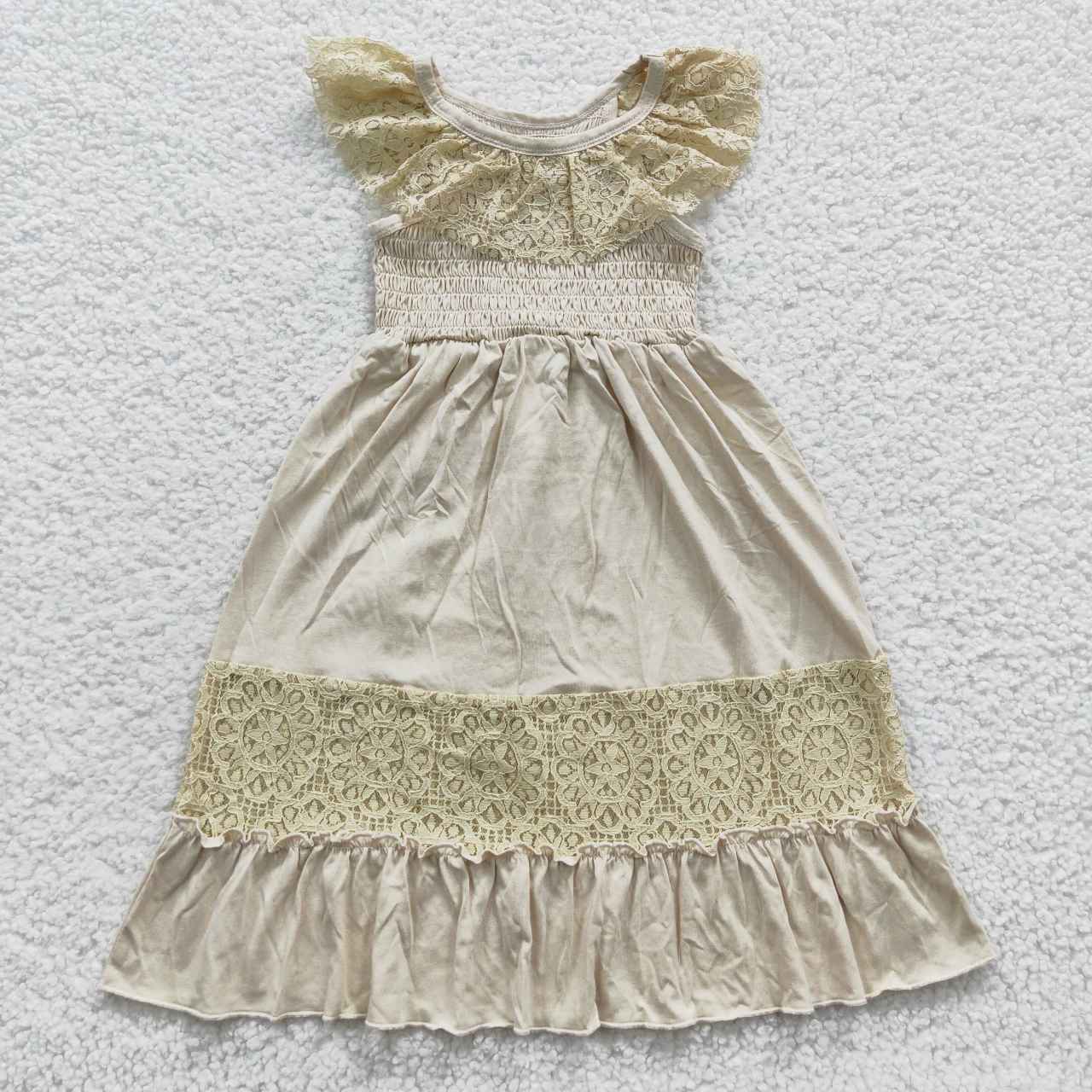 GSD0456 Girls beige Lace Linen Ankle length Ruffle Smocked Dresses