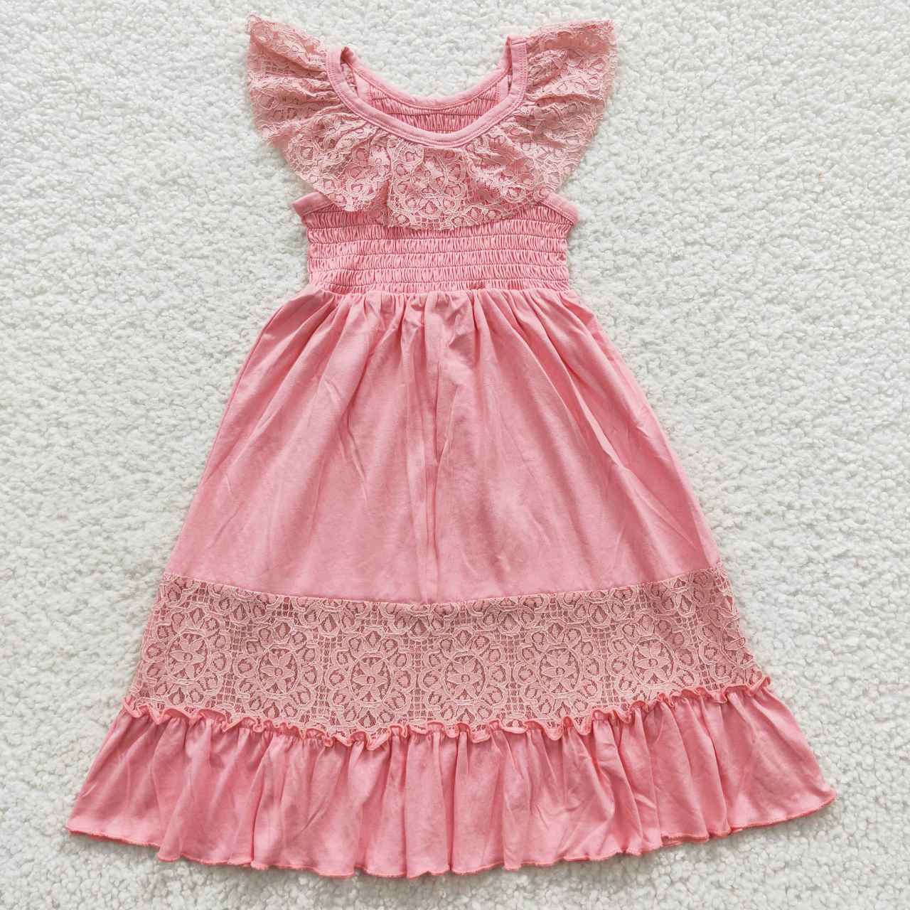 GSD0457 Girls Pink Lace Linen Ankle length Ruffle Smocked Dresses