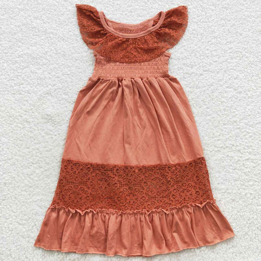 GSD0458 Girls Rust Lace Linen Ankle length Ruffle Smocked Dresses