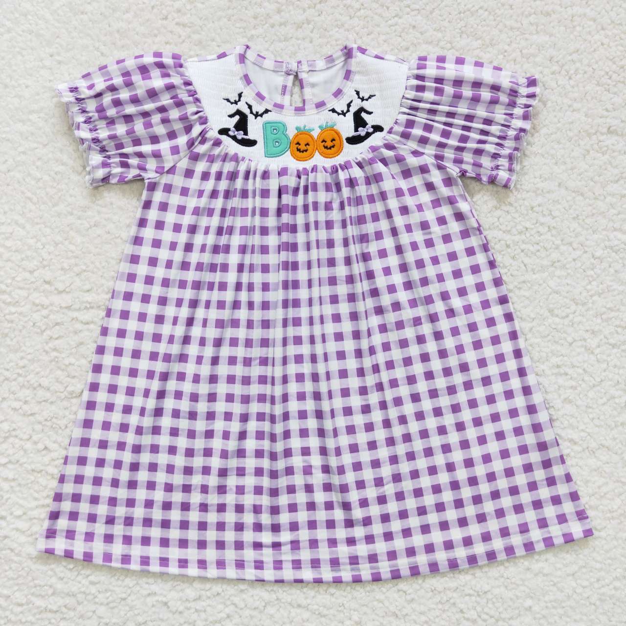 GSD0468 BOO witch hat purple plaid embroidery print girls knee length smocked Halloween dress