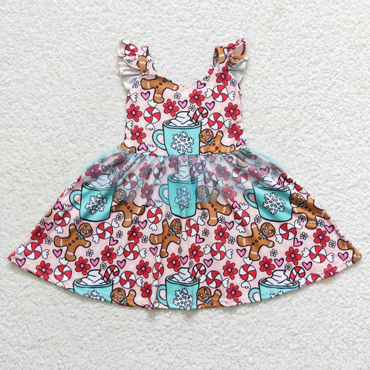 GSD0473 Christmas cup gingersnap candy print girls tulle knee length dress