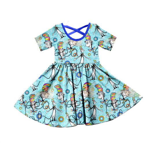 (Pre-order) GSD0494 Blue Cat Print Girls Knee Length Dress