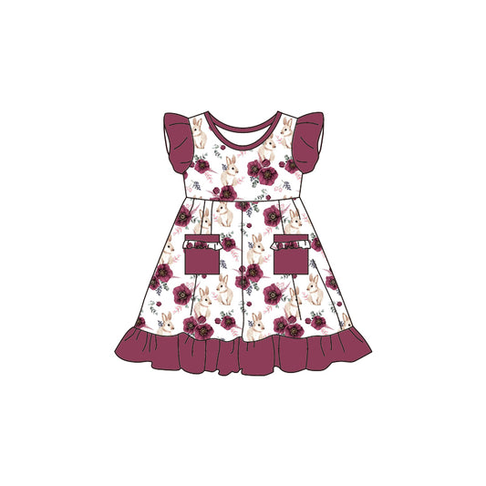 (Pre-order) GSD0496 Wine Flowers Bunny Print Girls Knee Length Easter Dress