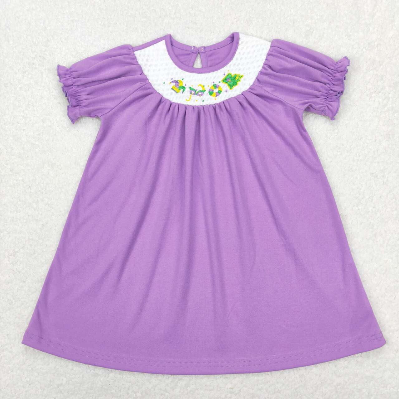 GSD0502 Purple Mardi Gras Smocked Knee Length Dress