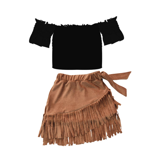 (Pre-order)GSD0504 Off Shoulder Black Top Thick Fabric Brown Tassel Ruffle Skirts Girls Clothes Set