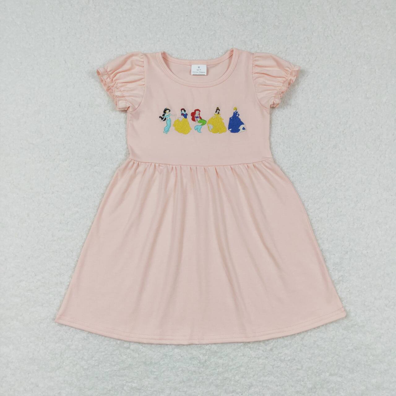 GSD0510 Cartoon Princess Embroidery Girls Pink Knee Length Dress