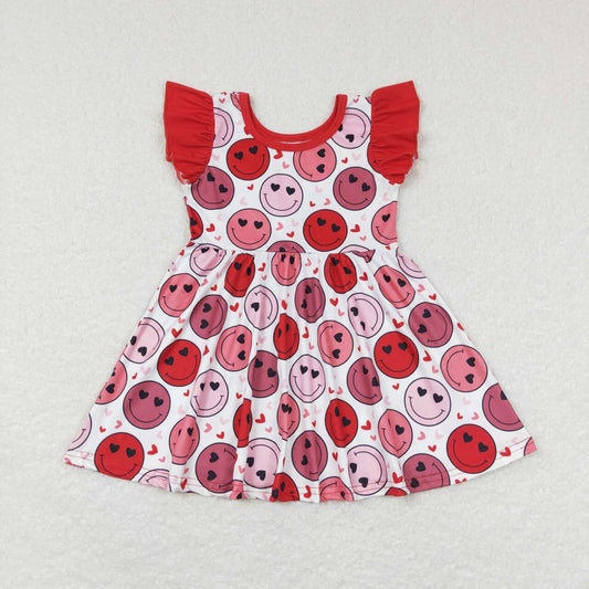 GSD0513 Smiling Face Heart Print Girls Knee Length Valentine's Dress