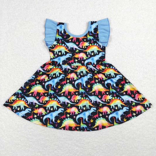 GSD0516 Colorful Dinosaur Print Girls Knee Length Dress