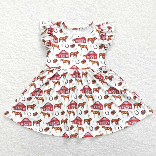 GSD0518 Brown Horse Farm Print Girls Knee Length Western Dress