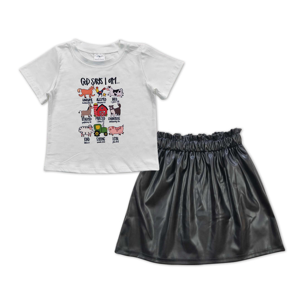 GSD0521 Animals Top Black Leather Skirt Girls Clothes Set