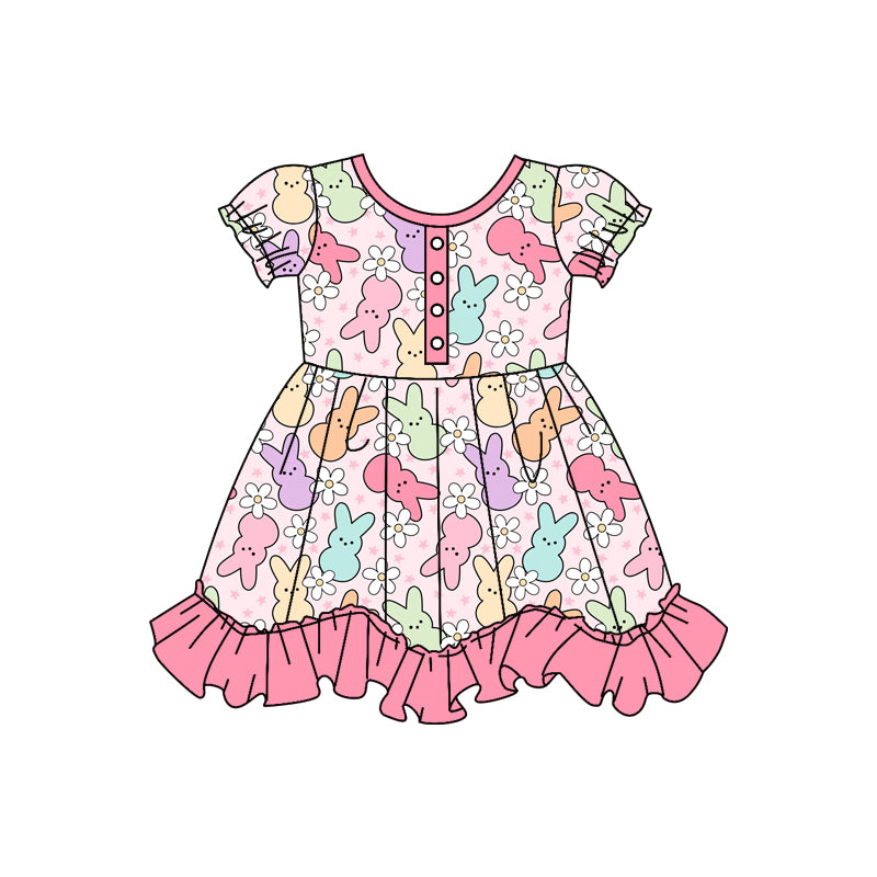 (Pre-order)GSD0529 Colorful Bunny Flowers Print Knee Length Easter Dress