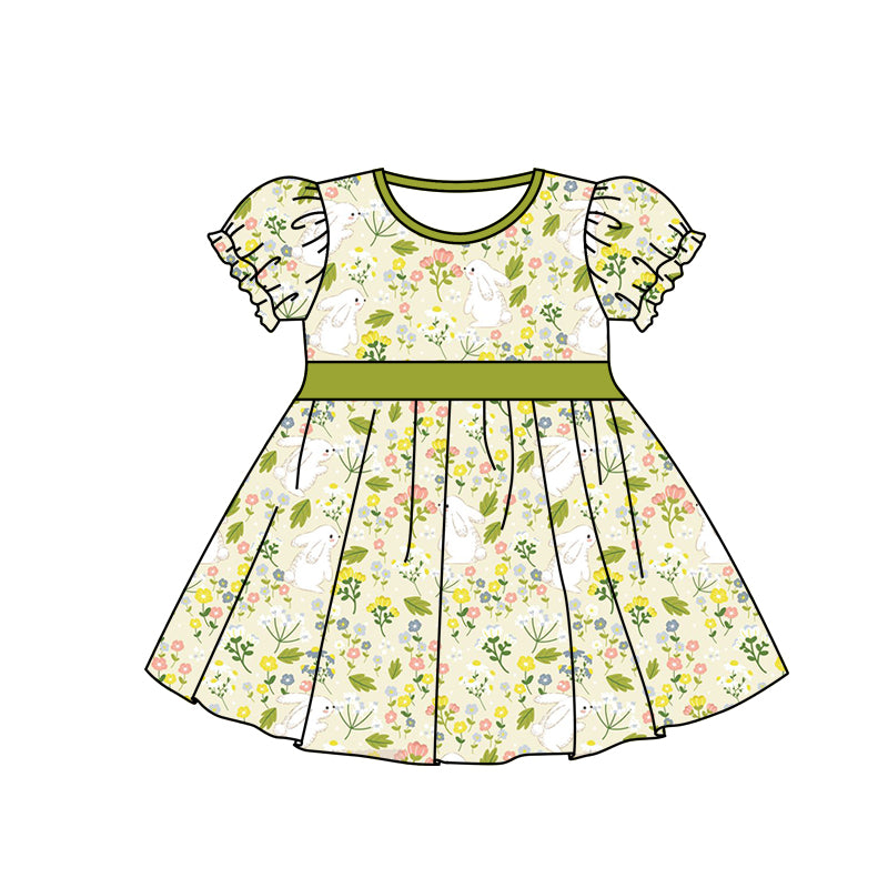 (Pre-order)GSD0531 Bunny Flowers Girls Easter Knee Length Dress