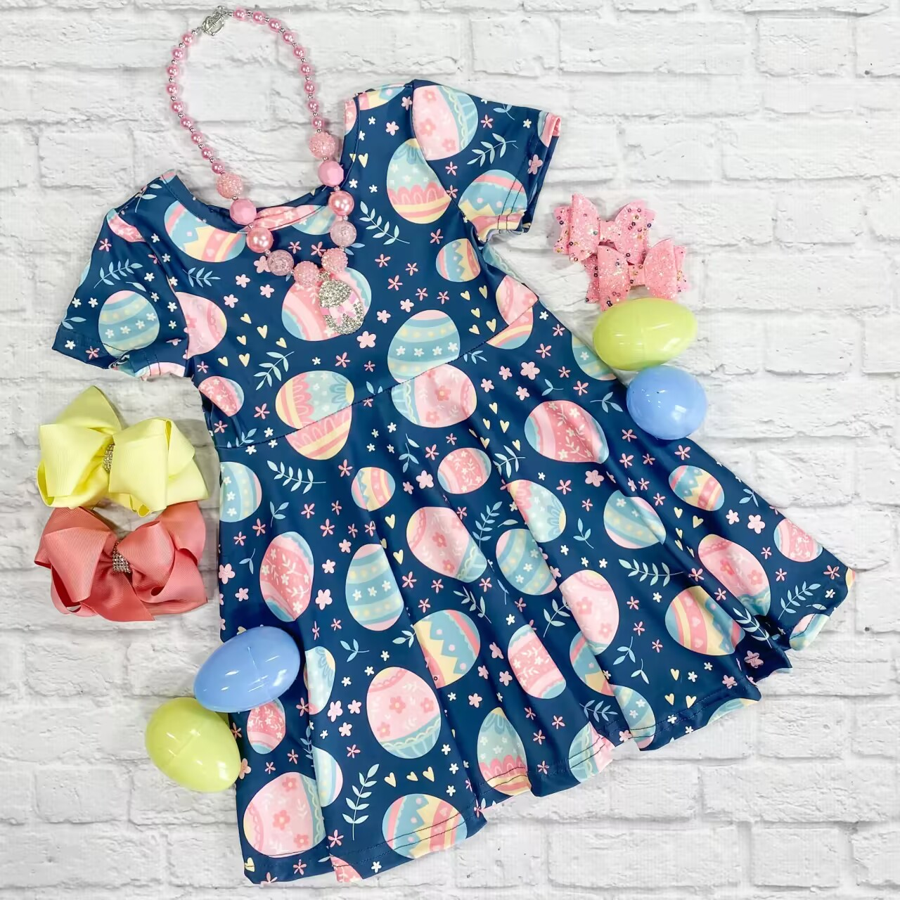 (Pre-order)GSD0533 Flowers Egg Print Girls Knee Length Easter Dress