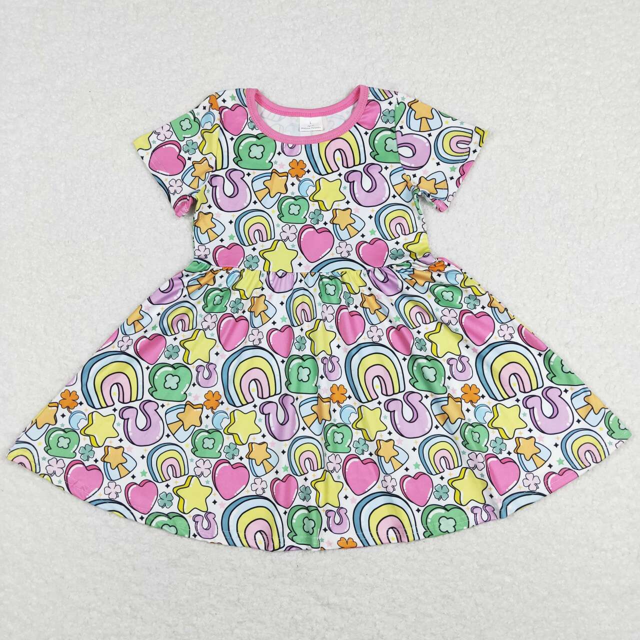 GSD0537 Rainbow Star Heart Print Girls Knee Length St. Patrick's Dress