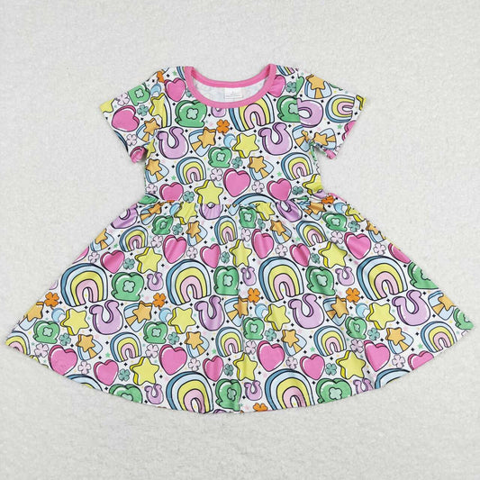 GSD0537 Rainbow Star Heart Print Girls Knee Length St. Patrick's Dress