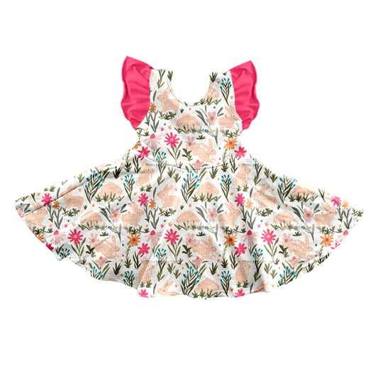 (Pre-order)GSD0543 Bunny Flowers Print Girls Easter Knee Length Dress