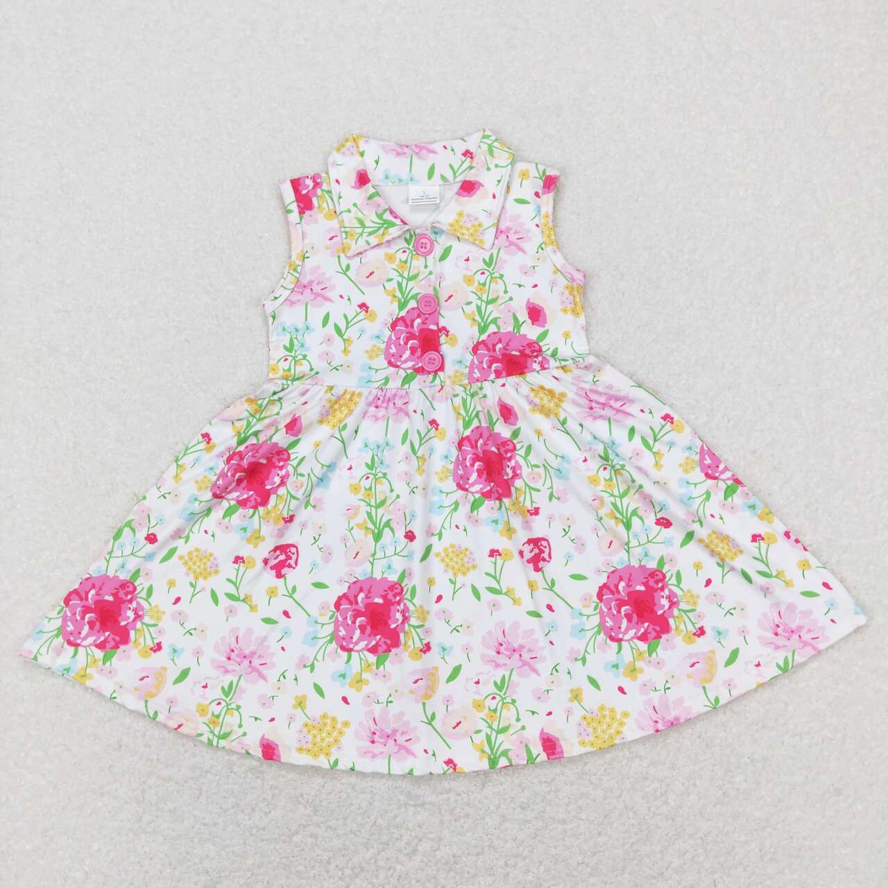 GSD0546 Pink Flowers Print Girls Knee Length Dress