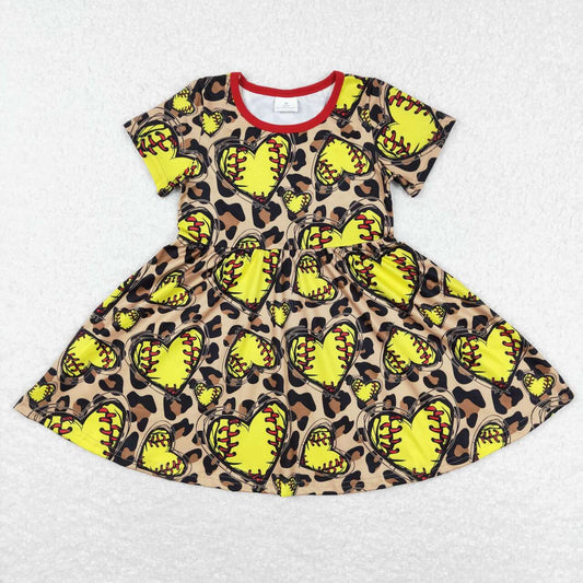 GSD0547 Softball Leopard Heart Print Girls Knee Length Dress