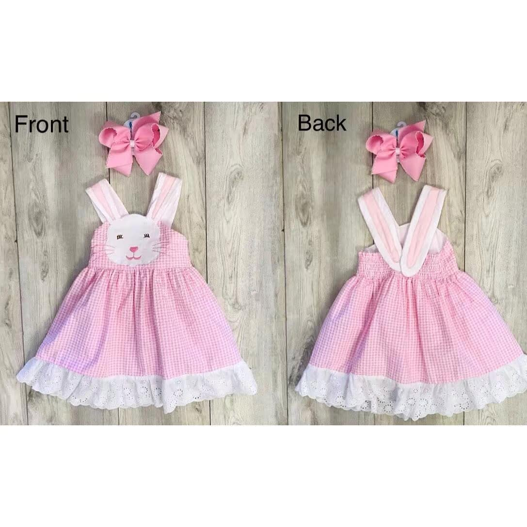 (Pre-order)GSD0553 Pink Plaid Bunny Face Print Girls Knee Length Easter Dress