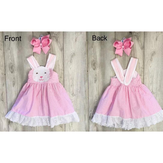 (Pre-order)GSD0553 Pink Plaid Bunny Face Print Girls Knee Length Easter Dress