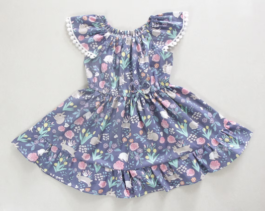 (Pre-order)GSD0563 Bunny Flowers Print Girls Knee Length Easter Dress