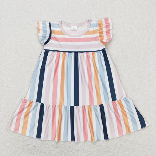 GSD0564 Flutter Sleeve Stripes Print Girls Knee Length Dress