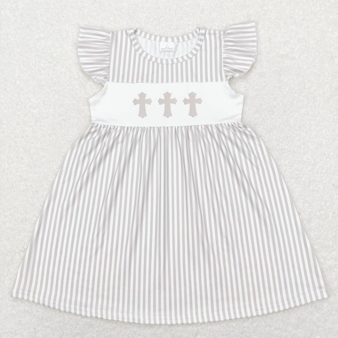 GSD0568 Cross Khaki Stripes Print Girls Knee Length Easter Dress