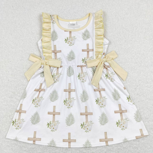 GSD0571 Cross Flowers Print Girls Knee Length Easter Dress