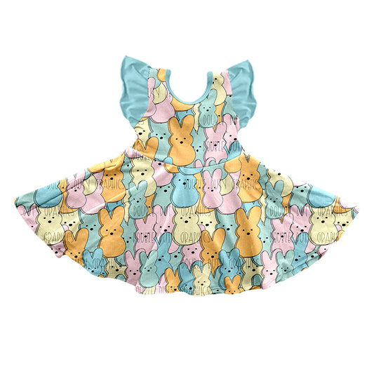 (Pre-order)GSD0573 Flutter Sleeve Bunny Print Girls Knee Length Easter Dress