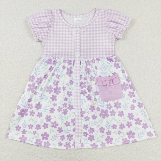 GSD0577 Purple Flowers Print Girls Knee Length Dress