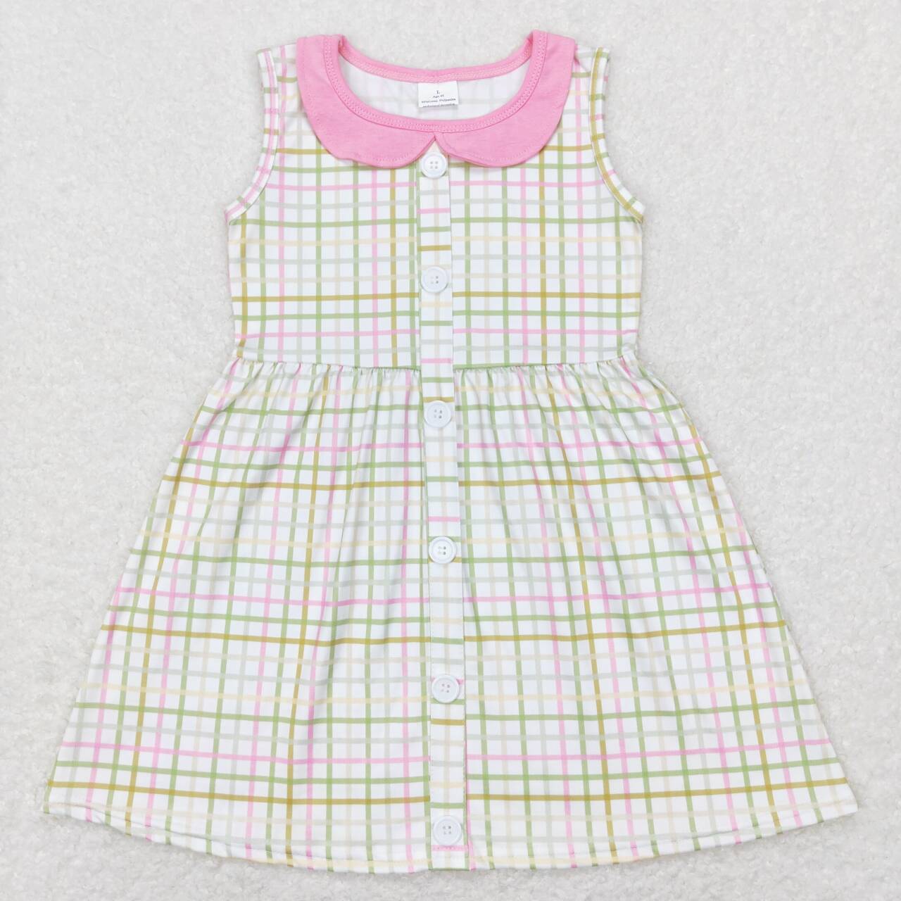 GSD0581 Pink Plaid Print Girls Buttons Knee Length Dress