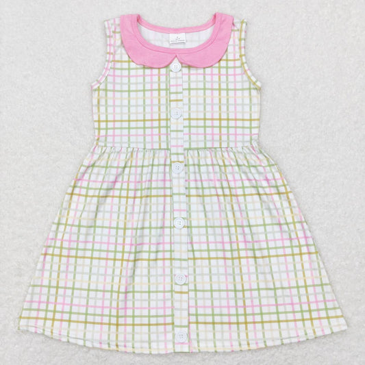 GSD0581 Pink Plaid Print Girls Buttons Knee Length Dress