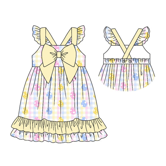 (Pre-order)GSD0590 Colorful Egg Plaid Print Girls Easter Knee Length Dress