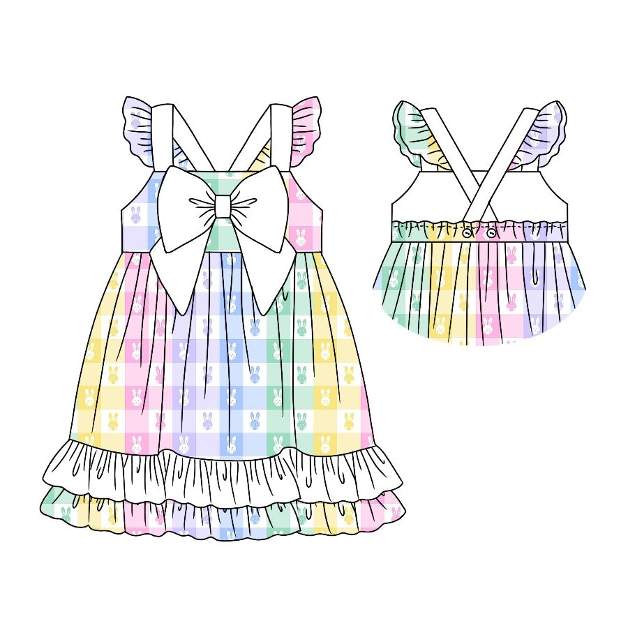 (Pre-order)GSD0591 Colorful Bunny Plaid Print Girls Easter Knee Length Dress