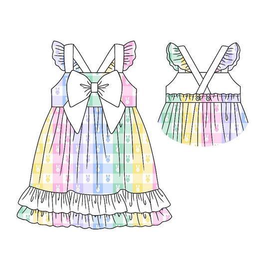 (Pre-order)GSD0591 Colorful Bunny Plaid Print Girls Easter Knee Length Dress